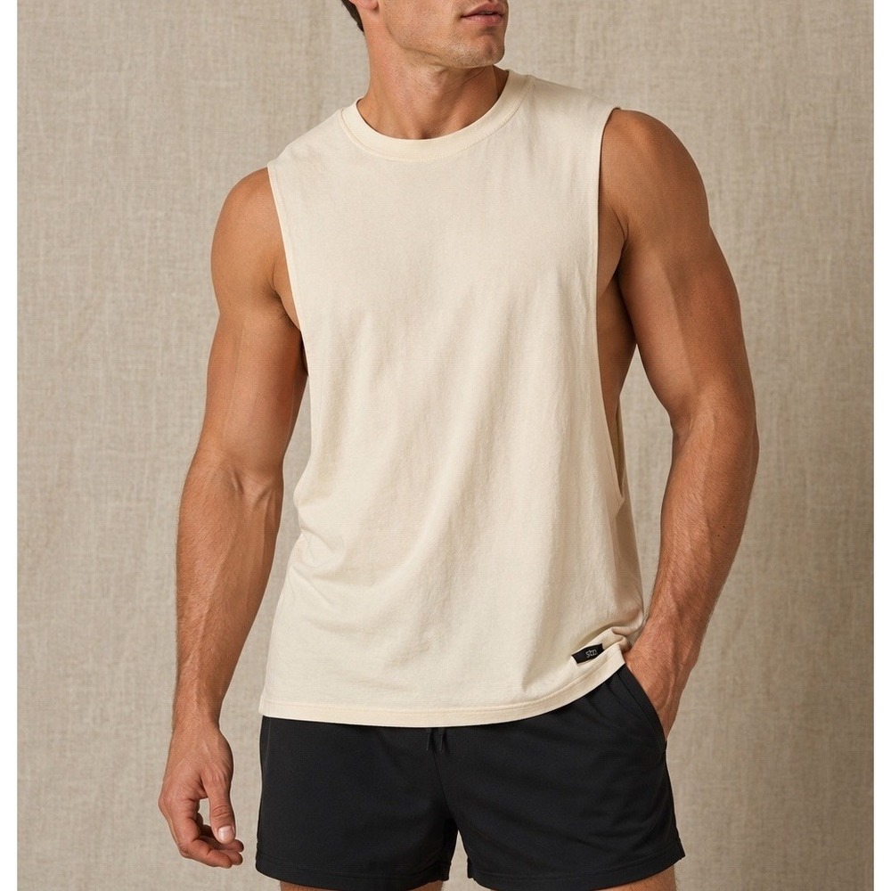Stori EVOKE COTTON SLEEVELESS DEEP DROP TANK TOP Men's Sz S Beige Low Cut NWT